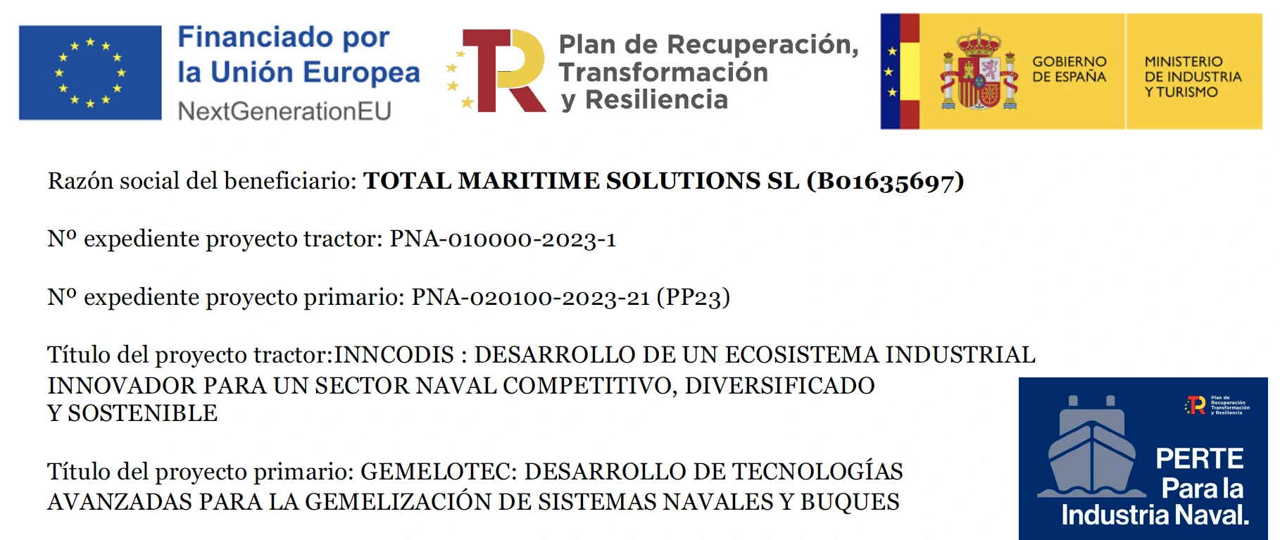 Banner Logos Subvencion PERTE NAVAL - TMS MARITIME SOLUTIONS
